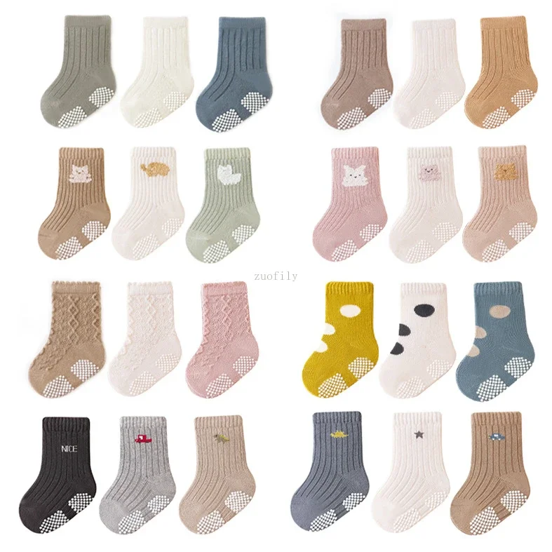 3Pairs Spring Autumn Newborn Baby Glue Anti-slip Solid Floor Socks Cute Cartoon Non-slip Mid-tube Cotton Stockings for Boy Girls cotton socks,kids socks,baby socks,girls socks,cartoon socks
