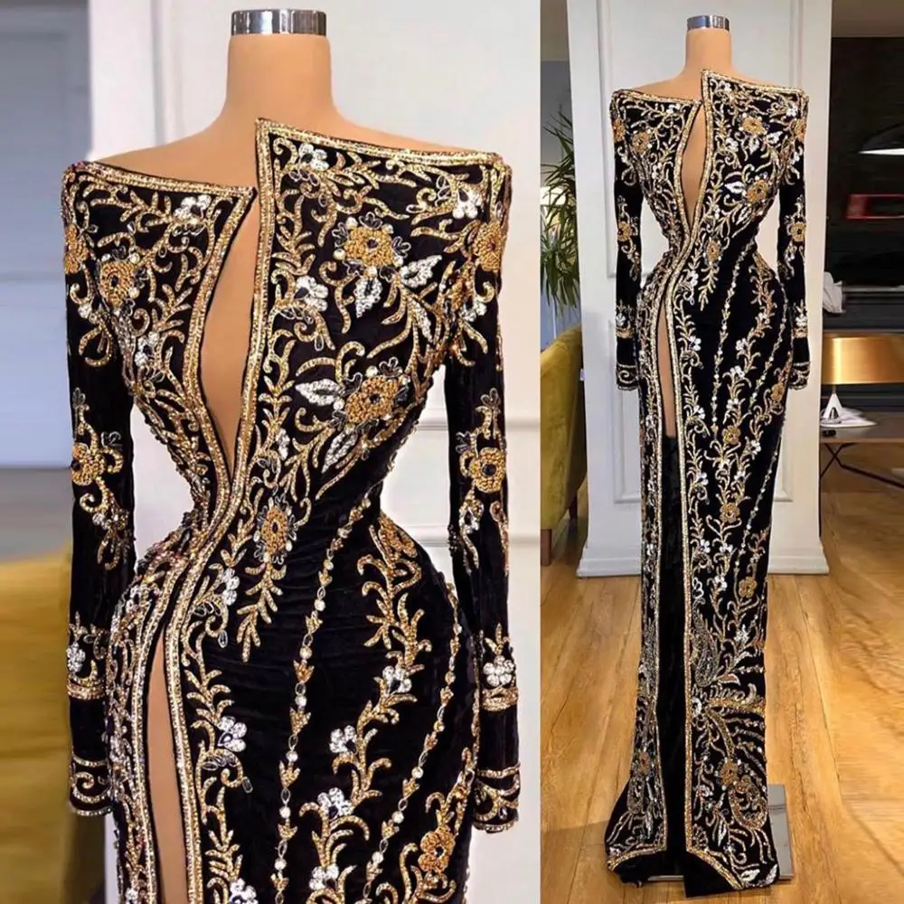 

Black sexy high slit sequined prom evening dress party banquet performance dress custom