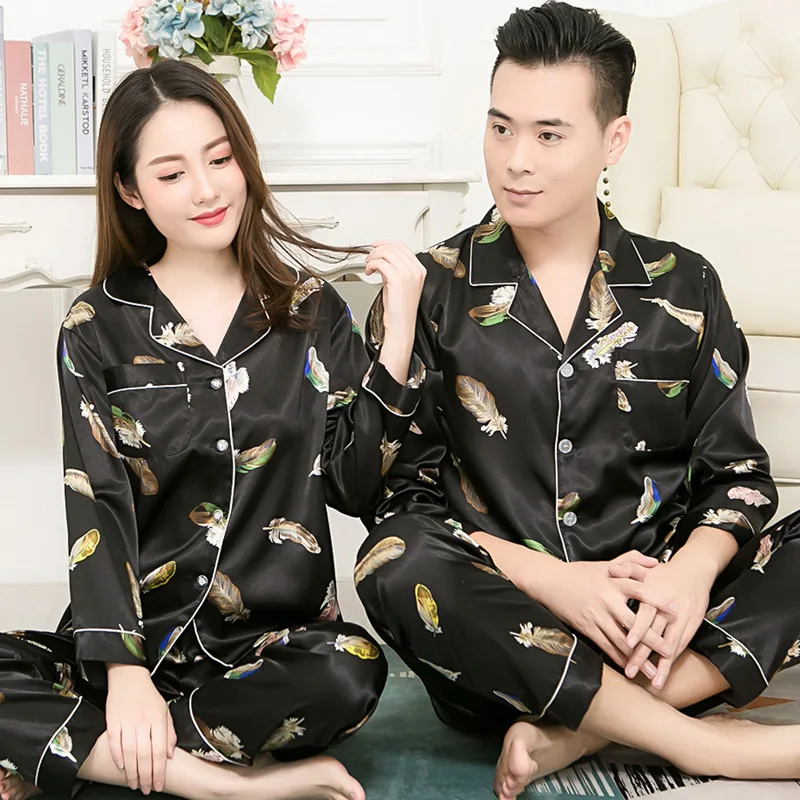 Thin Printing Matching Pajamas Couples Long Sleeved Sleepwear Silk Pajamas for Women Sleep Tops Pants Mens Pajamas Set Sleepwear mens cotton pajama shorts Men's Sleep & Lounge