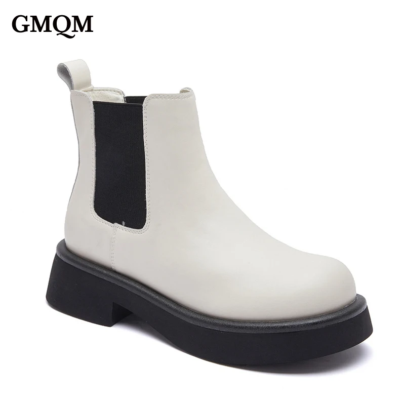 

GMQM Fashion Women Chelsea Boots New 2022 Platform Elastic Band Ankle Boots For Ladies Slip on Chunky Heels Shoes Office Lady