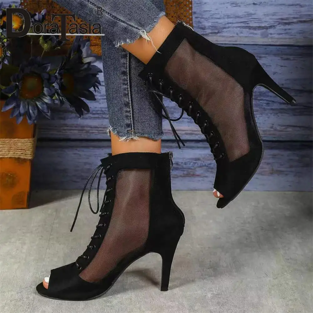 

Big Size 43 New Ladies Peep Toe Summer Ankle Boots Fashion Lace-up Thin High Heels women's Boots Party Sexy Woman Shoes