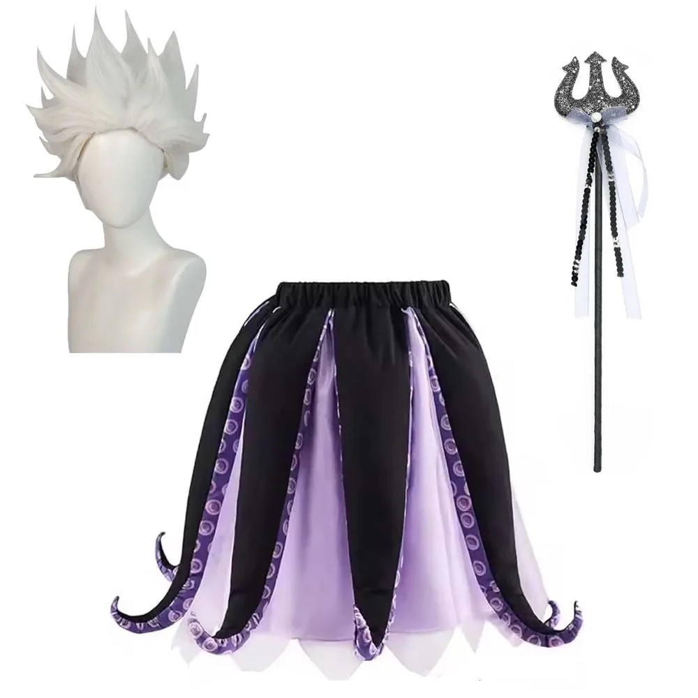Costume da Ursula per Halloween e Carnevale, Gonna Nera e Viola, Parrucca, Costume da Strega Marina, Vestito Tutu con Tentacoli di Polpo per Donne Adulte - immagine 5