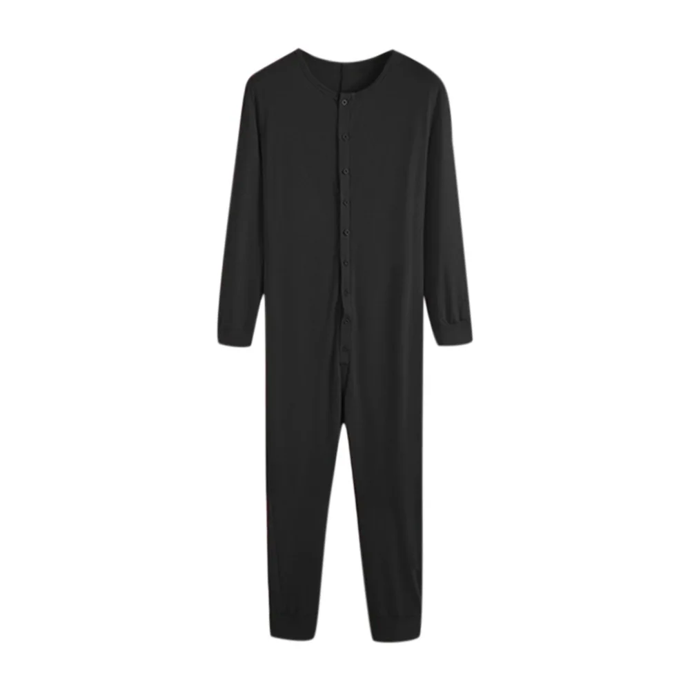 Sexy Long-Sleeved Men's Jumpsuit Fit Tight One-Piece Pajamas Solid Color Single-breasted Buttoned Home Casual Men's Bodysuit
