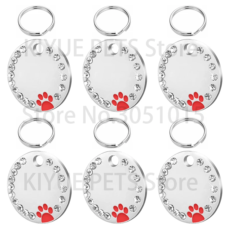 25mm Metal Blank Dog Tag Paw Rhinestone Pet Cat ID Name Engraved Key Ring  Chain Pet