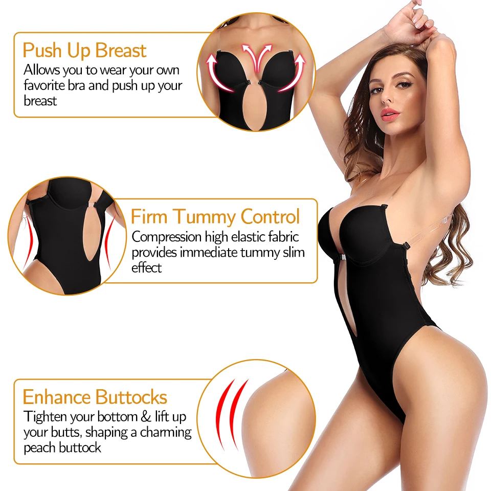Women Shapewear Bodysuit Deep V-Neck Body Shaper Padded Bra Backless U Plunge Thong Shaper Waist Trainer Push Up Party Underwear