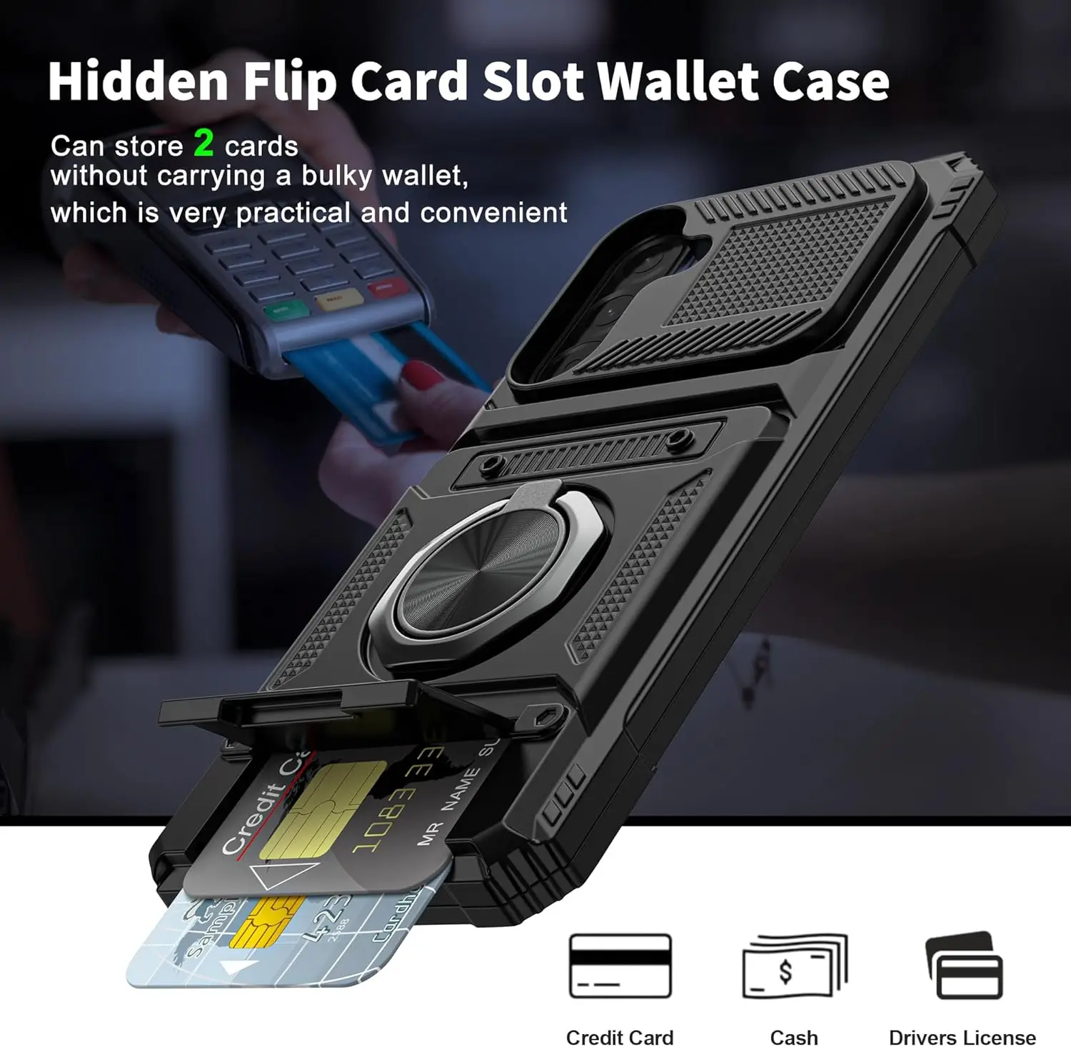 Heavy Shockproof Wallet Phone Case with Rotating Ring Kickstand and Card Holder