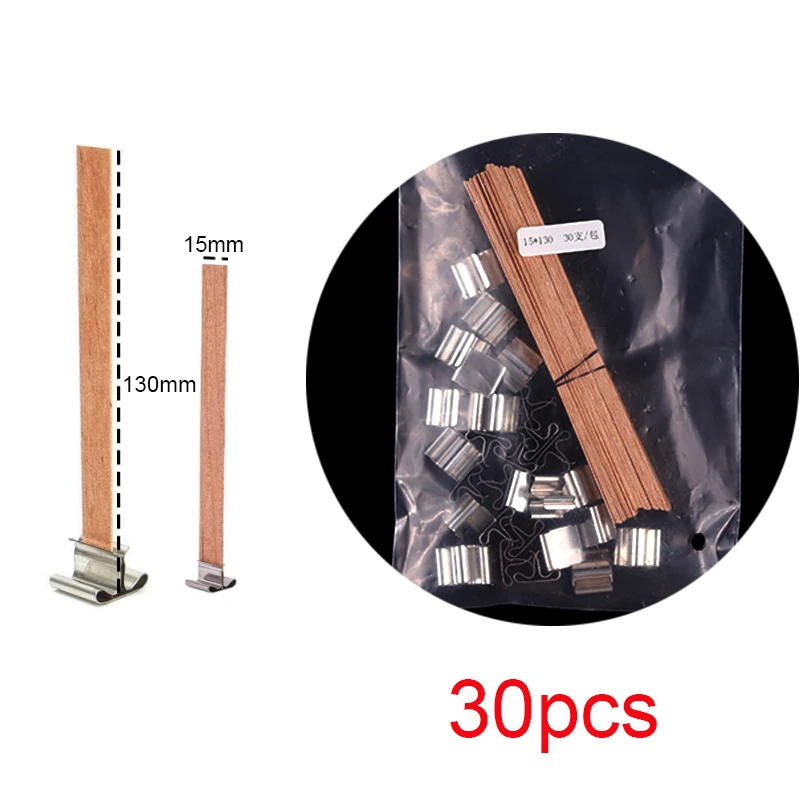 30pcs Natural Wooden Candle Wicks with Clips for DIY Handmade Smokeless Candle Crafting