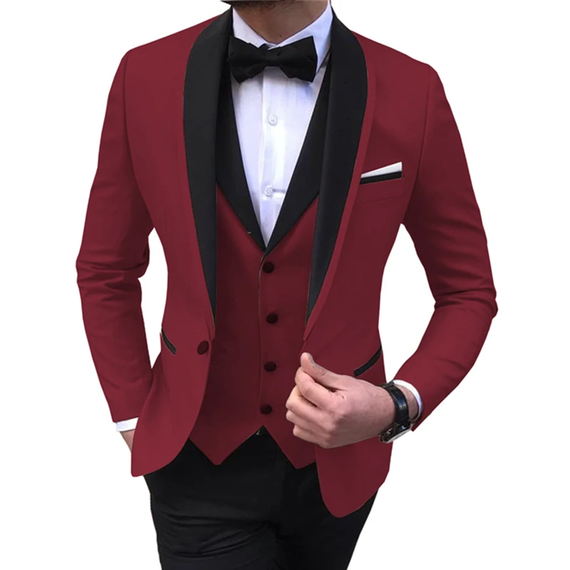 Men Business 3 Pcs Suits Set Coat Trousers Male Slim Wedding Groomsmen Colorblock Blazers Jacket Pants Vest
