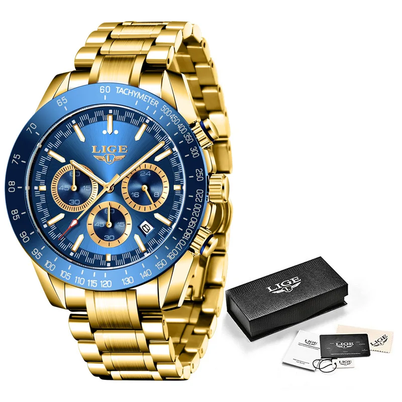 LIGE Luxury Golden Men Watches Fashion Sports Waterproof Watch for Men Gents Business Quartz Wristwatch Reloj Hombre New 2022 