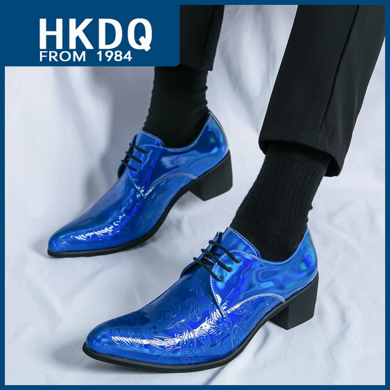 HKDQ Blue High-heeled Shoes For Men High Quality Pointed Toe Italian Luxury Men's Shoes Fashion Lace-up Leather Dress Man