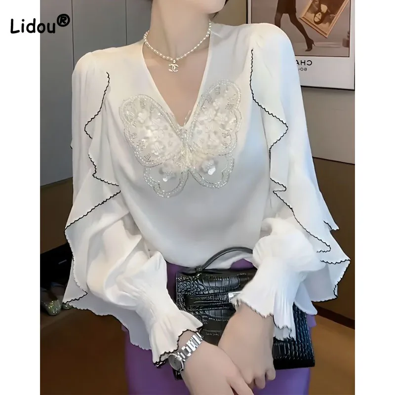 

Elegant Fashion Bow Sequined Spliced V-Neck Shirt Female Korean Ruffles Long Sleeve Casual Solid Color Blouse Women's Clothing