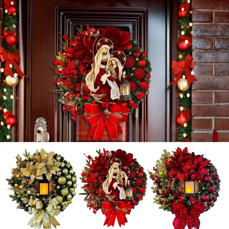 

LED Lamp Christmas Wreath Front Door Garland With Large Bow Seasonal Ornament Christmas Decoration For Front Door Wall Fireplace