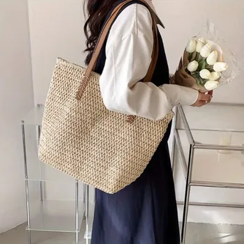 حقيبة كتف للشاطئ منسوجة صيفية فرنسية، حقيبة حمل مفردة بنمط مضفر، حقيبة ترفيهية للإبط، حقيبة تسوق كبيرة للنساء 5