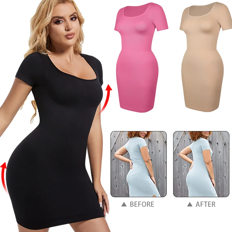 Women Short Seleeve Shapewear Slip Under Dress Full Slips Tummy Control Camisole Body Shaper Seamless Sexy Corset Underwear