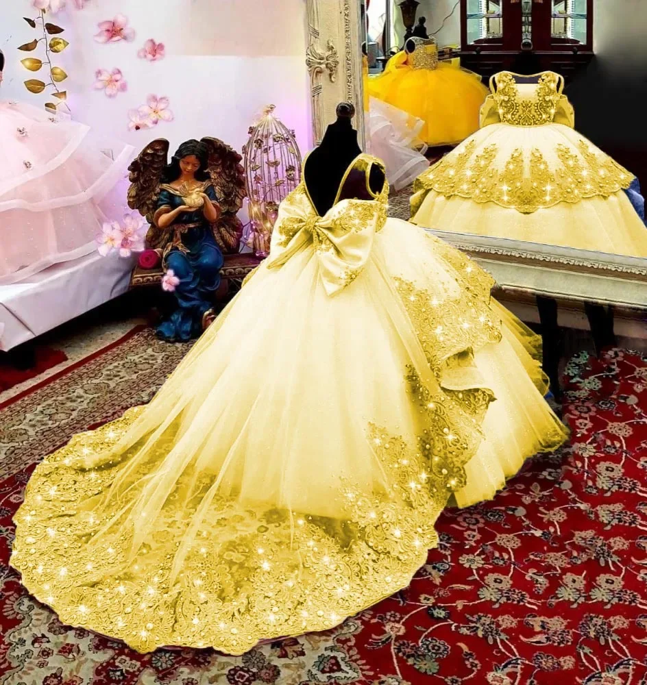 Wedding Flower Girl Dresses Little Girls Birthday Party Gown Toddlers Beaded Lace Princess Pageant Dress flower girl dresses
