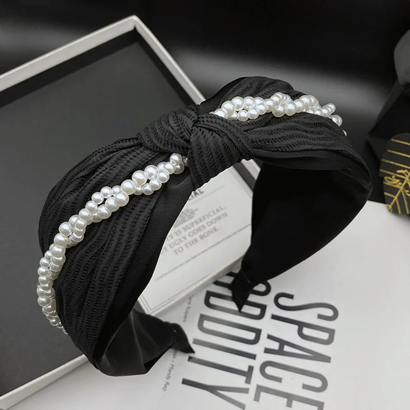 

Light Luxury Headband For Women Pearl Hairband Middle Knot Hair Hoop Bands Handmade Wide Fashion Designer Girls Headwear