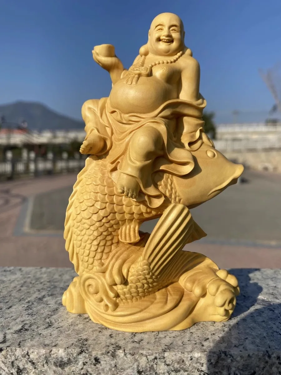 Wooden Carp Maitreya Buddha Decorative Statue ,Creative Solid Wood Art Hand Carving Home Room, Office Fortune Gathering Statue