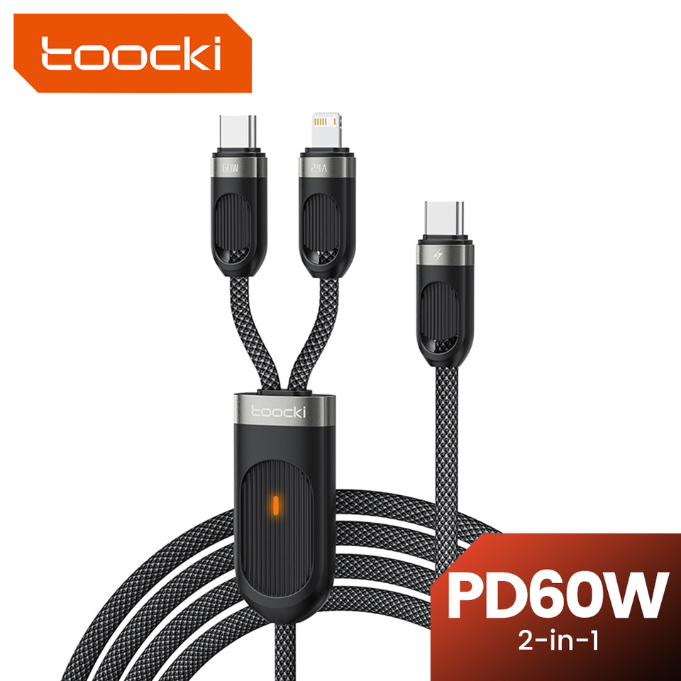 Toocki 2 in 1 USB C to USB Type C Lighting Cable PD 60W Fast Charger Cord for iPhone 15 14  1.2M LED USB C Wire for OPPO Samsung