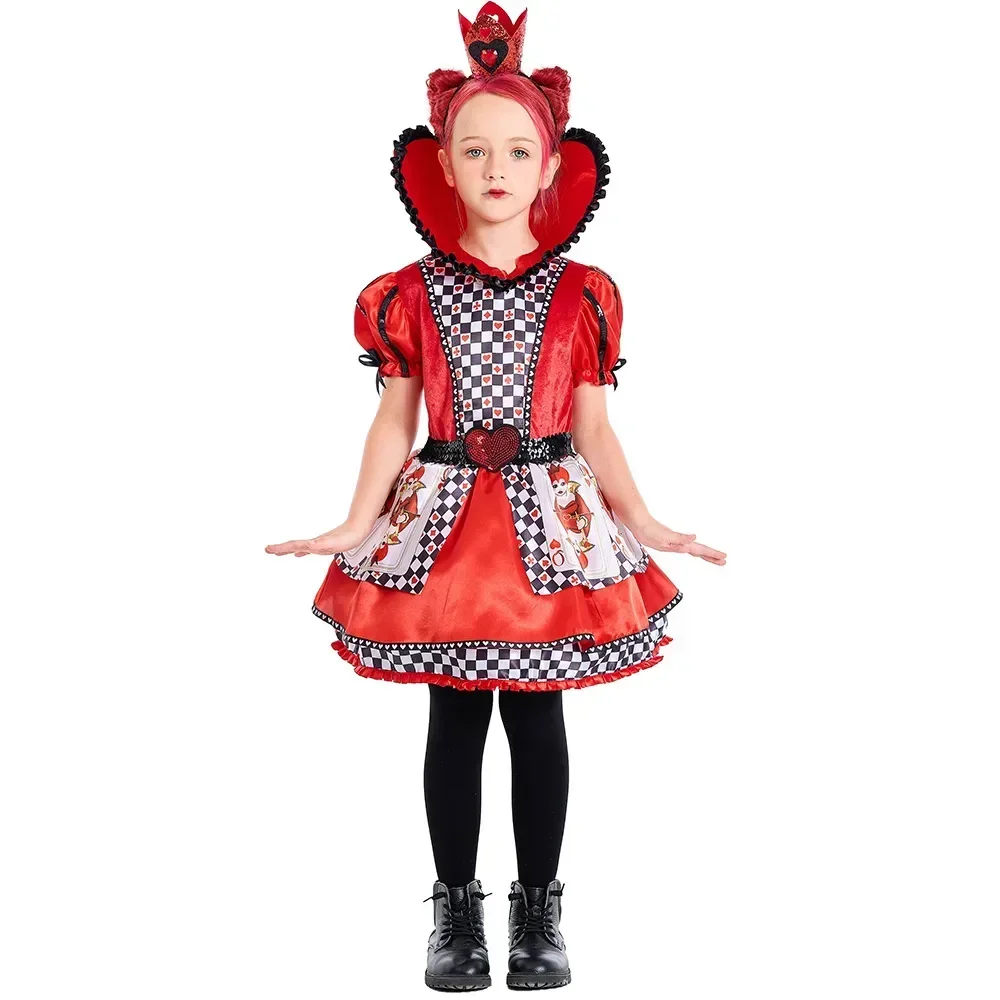 Adult Kid Queen of hearts Alice in Wonderland Costume Poker Queen Cosplay Halloween Masquerade Costumes Sexy Dress With Headwear