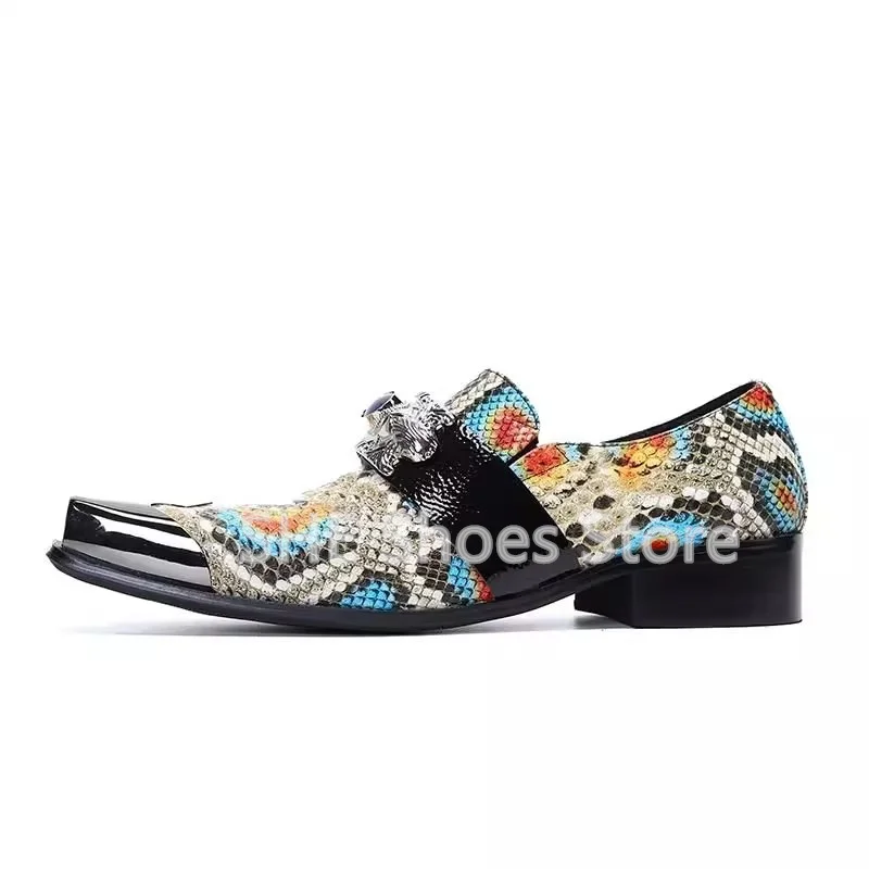 Fashion Print Mixed Color Loafers for Men British Style Metal Square Toe Chunky Heel Slip-On Shallow Oxfords Male Dress Shoes
