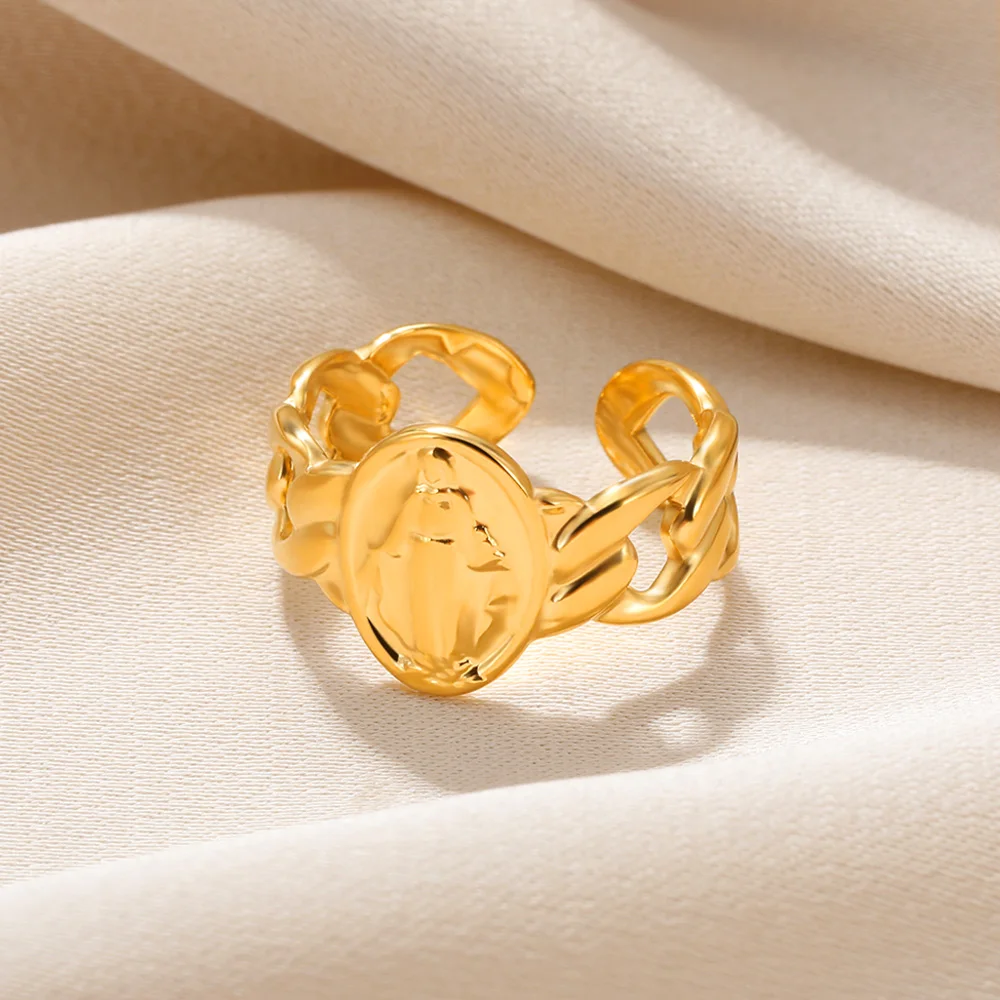 Gold Farbe Jungfrau Maria Ringe Für Frauen Männer Von Guadalupe Ring Einstellbar Edelstahl Religiöse Band Finger Schmuck