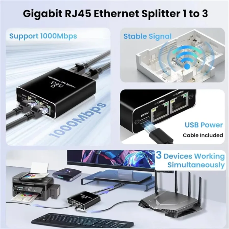 1000Mbps 이더넷 분배기 RJ45 네트워크 어댑터 케이블 익스텐더 LAN 1X2 1X3 1X4 PC 노트북 TV 라우터용 기가비트 이더넷 스위치