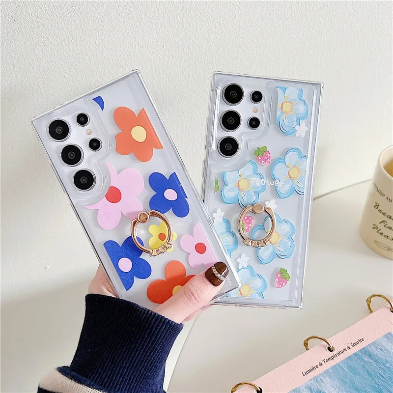 Bloem Ring Telefoon Houder Clear Case voor Samsung A55 S24 Ultra S23 S22 S21 S20 FE Note 20 A15 25 35 14 24 34 54 53 32 52_voghion.com