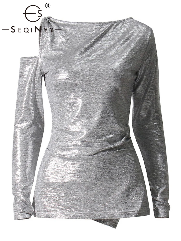 

SEQINYY Silver Blouse Summer Spring New Fashion Design Women Runway High Street Sheath Sexy Top Casual