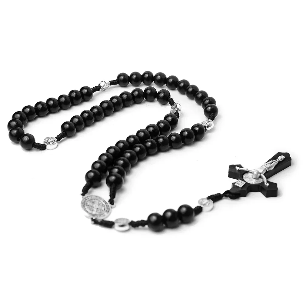 Catholic Wood Beaded Pendant Necklace For Women Men Christian INRI Crucifix Cross Long Chain Religion Prayer Jewelry