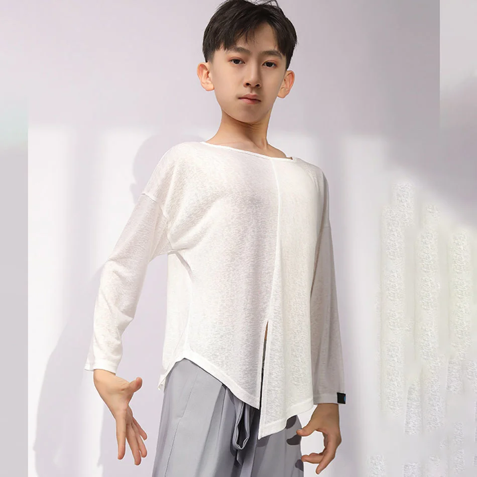 

New Boys Latin Dance Shirt Autumn and Winter Long-sleeved Green and White Dancing Tops Jazz Rumba Chacha Latin Costume
