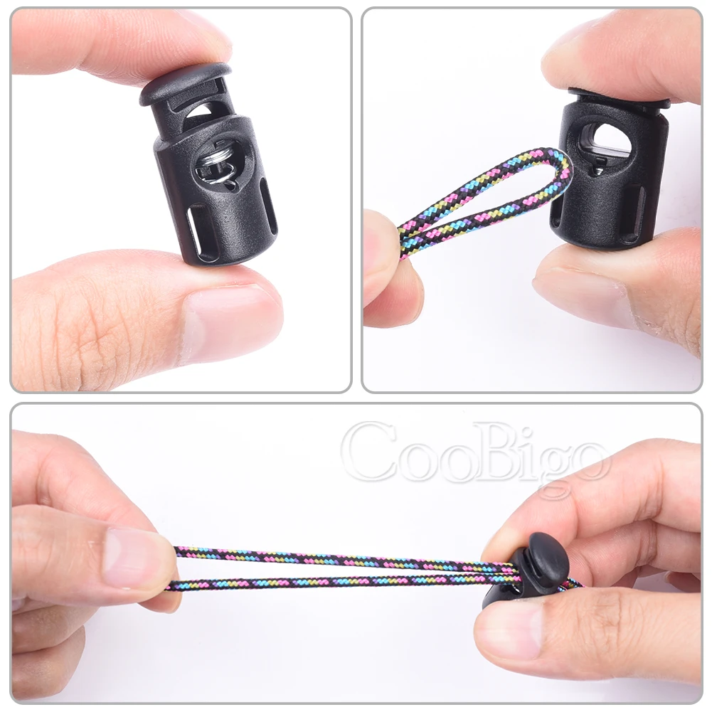 48 pezzi di chiusura a molla in plastica, cursore di fissaggio a clip, pulsanti di chiusura a levetta, cordino elastico per lacci per lacci delle scarpe, cordino paracord elastico, nero, 22.5 mm