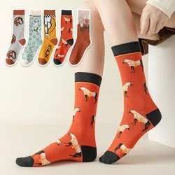 1pair Combed Cotton Fashion Hip Hop Cartoon steed retro trend mid-tube women's socks Happy Socks Funny Sokken