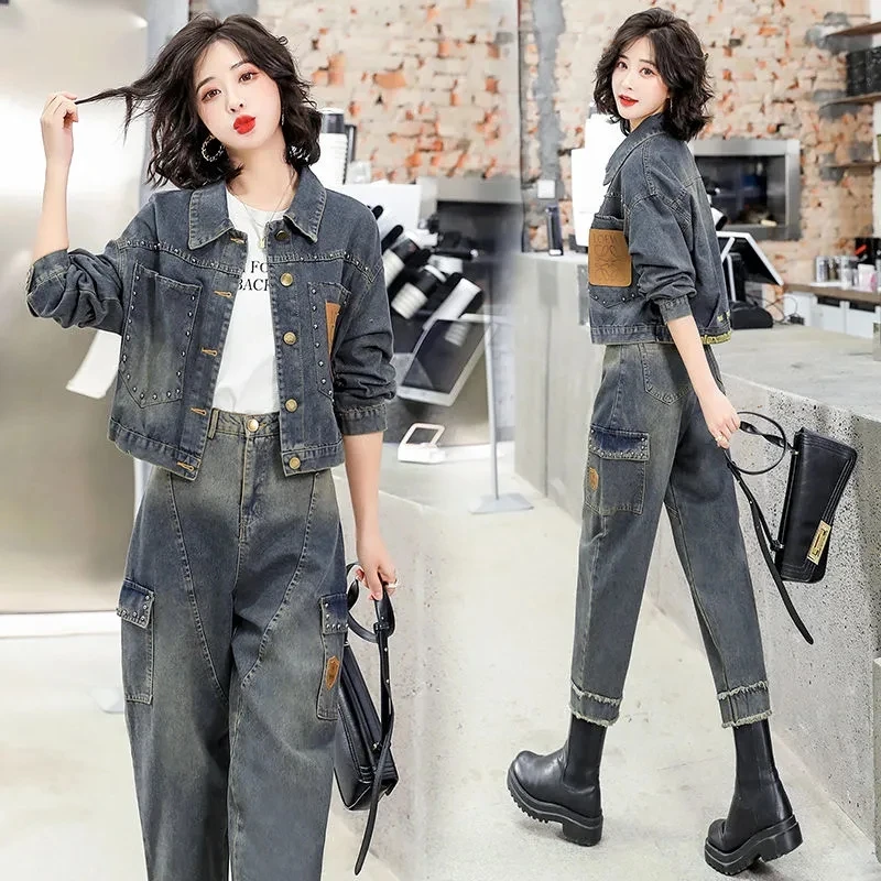 

2024 New Women Denim Set Women's Denim Jacket+Jeans Two Piece Set Spring Autumn Suit New Female Workwear Pants 2 Piece Set