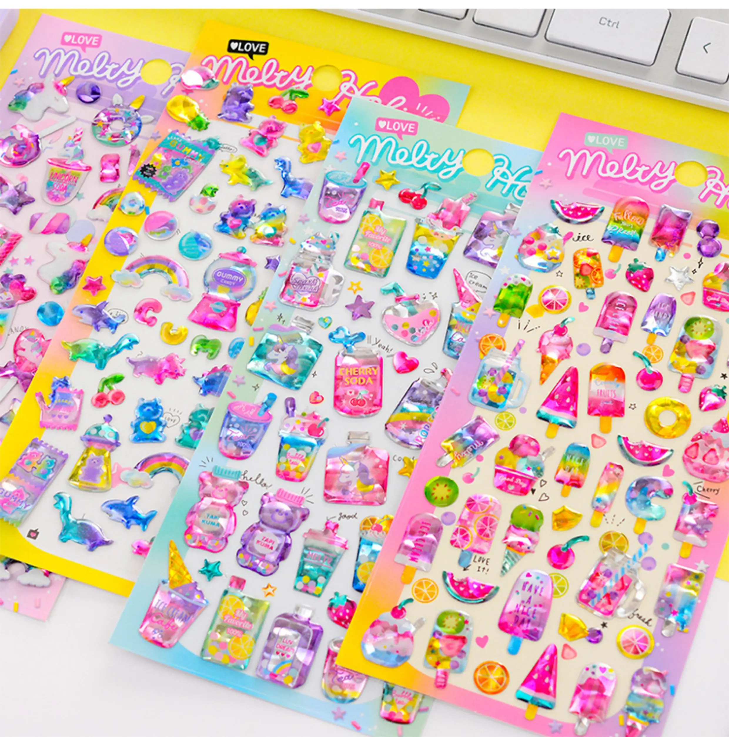 3 pcs/6 pcs Dessert Candy Sweet Animals 3D Crystal Decor Stickers Scrapbooking Diy Journaling Diary Stationery Sticker School