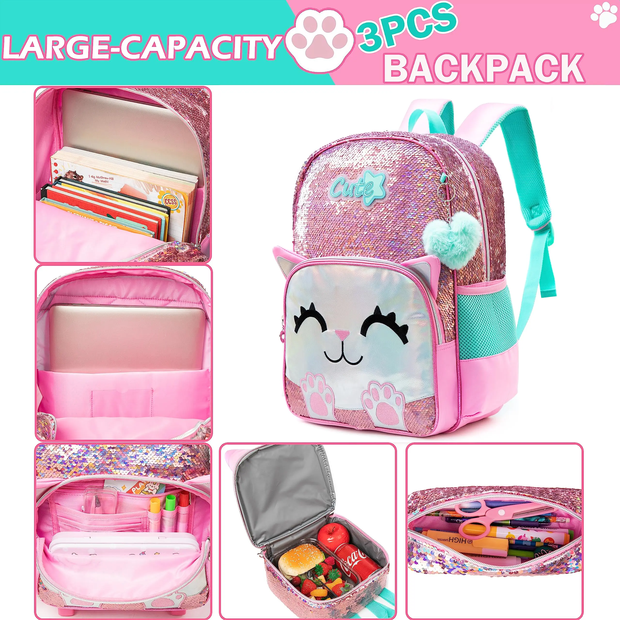 Hot Sale Sequin New Cartoon Animal Backpack 16'' Cat Printing Student Cartoon Cute Children's Schoolbag with Lunchbag and Penbag 6