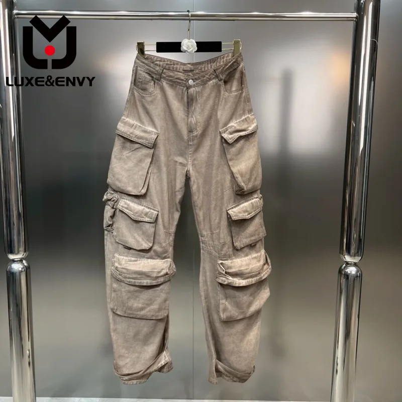 

LUXE&ENVY 2023 Summer New High Waist Patchwork Multiple Pockets Casual Loose Women Straight-leg Pants