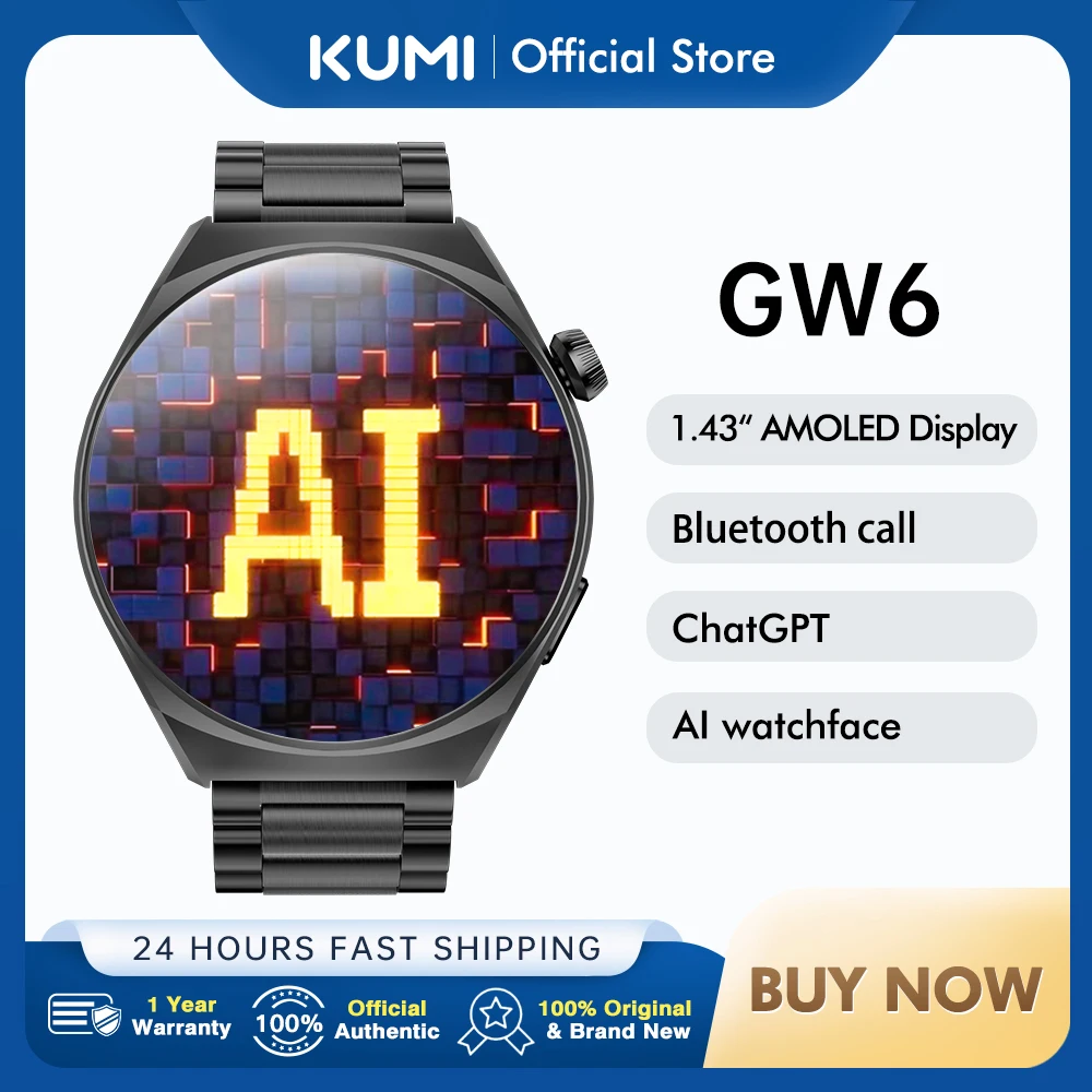 

KUMI GW6 1.43" AMOLED screen Bluetooth call Waterproof IP68 NFC 100+ Sport Heart Rate Blood Pressure Oxygen Monitor smart watch