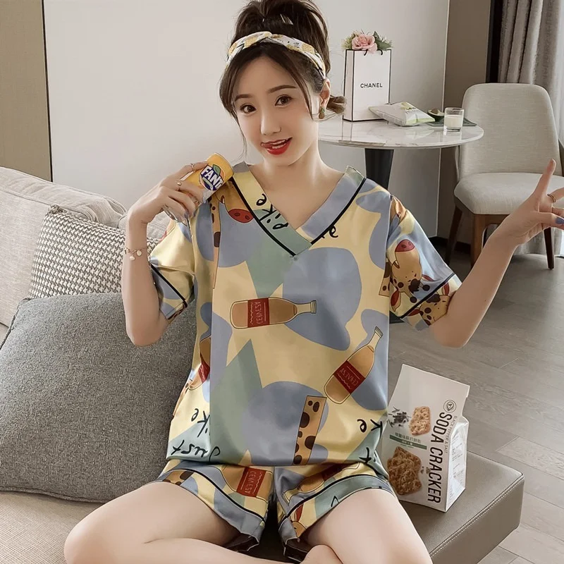 Pajamas Women's Summer Ice Silk V-Neck Short Sleeves Pyjamas Two Piece Suit Kaeva Pajamas Women's Home Clothes Sleepwear
