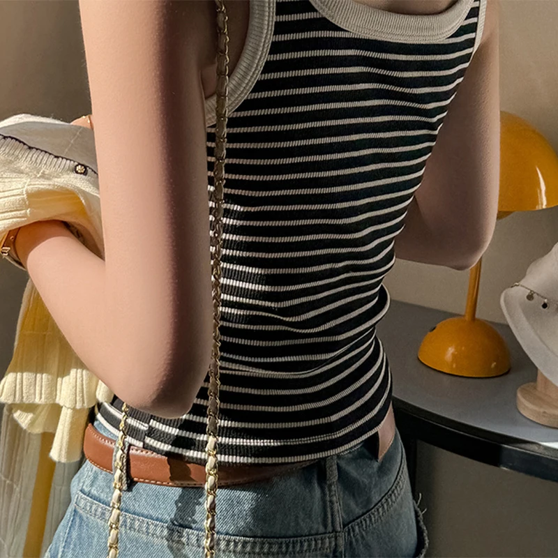 2026 Gestreiftes Camisole mit Quadratischem Ausschnitt für Damen, Harajuku Kontrastfarben Ärmelloses Oberteil, Koreanisches Retro-Strick-Tanktop – Detail 15