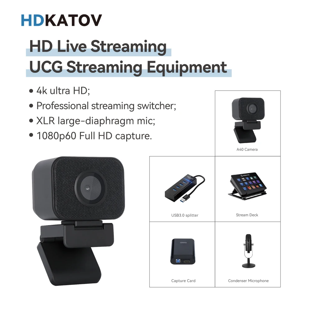HDKATOV UCG 스트리밍 장비 키트, USB 마이크, 캡처 카드, 스트림 덱, USB3.0 스플리터, UHD 라이브 스트리밍, 4K 60fps 웹캠