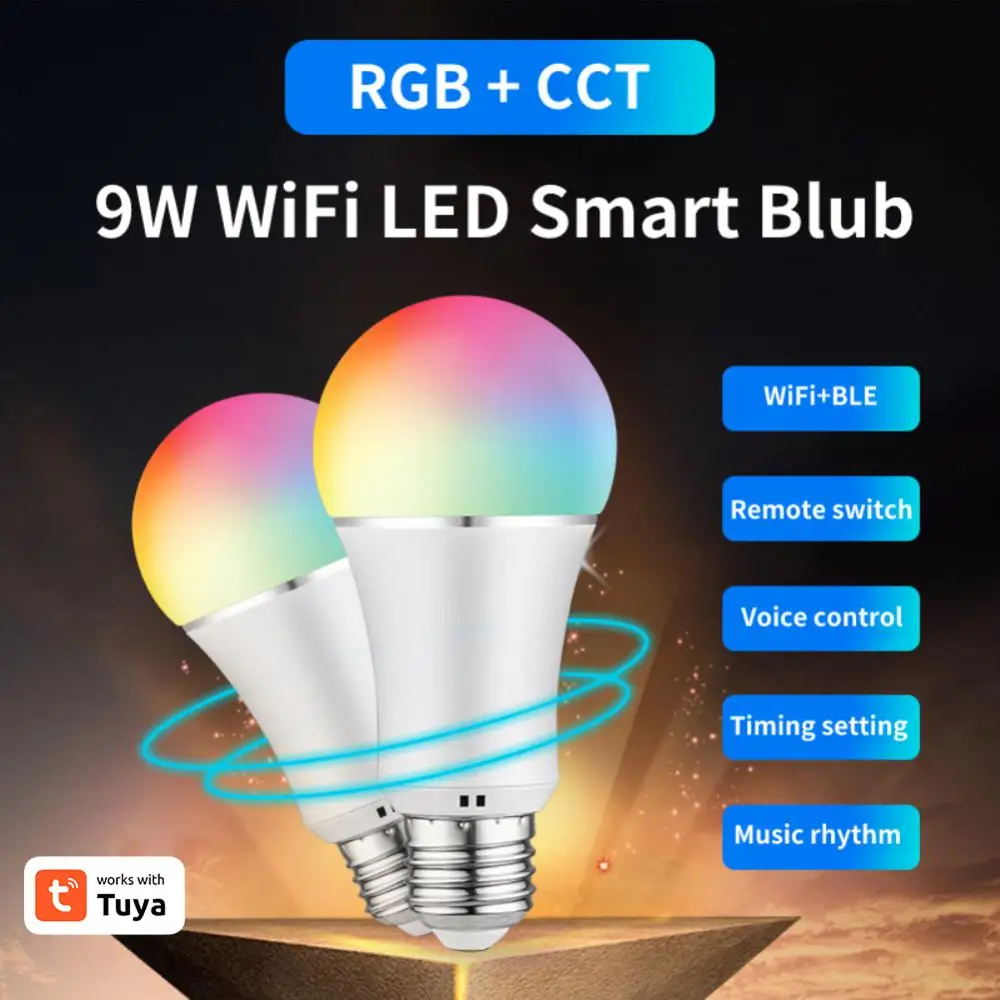 

Tuya WiFi+BLE Smart LED Bulb RGB+CCT 9W E27 LED Lamp Home Bedroom Party Decoration Light Smart Remote Control