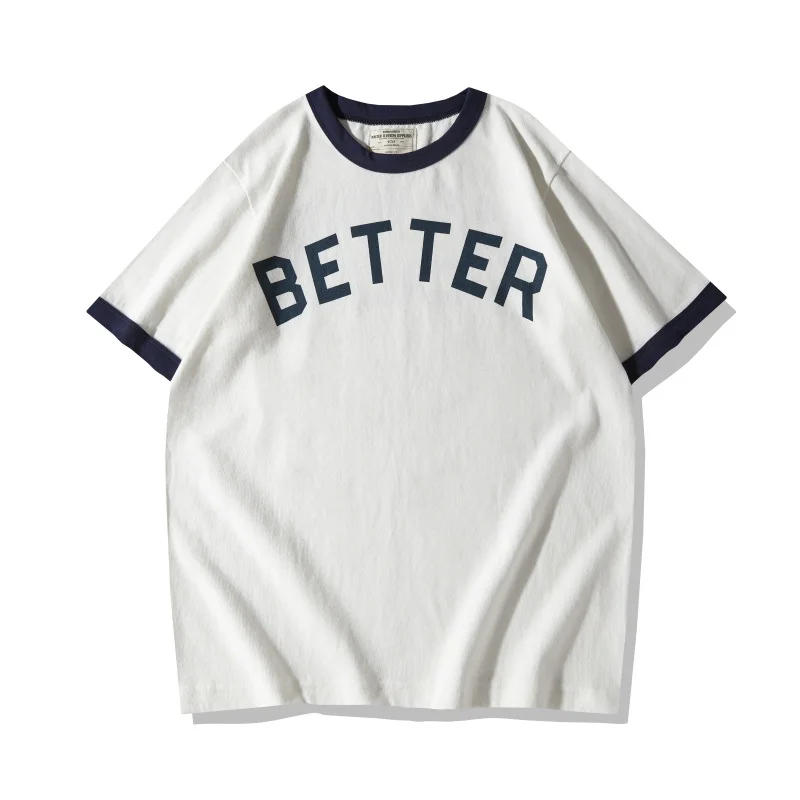 OKONKWO 275g Thick Motorcycle Letter Round Neck T-shirt Color Blocked Thread Heavy Weight TEE Outdoor Riding Sports Half Sleeve