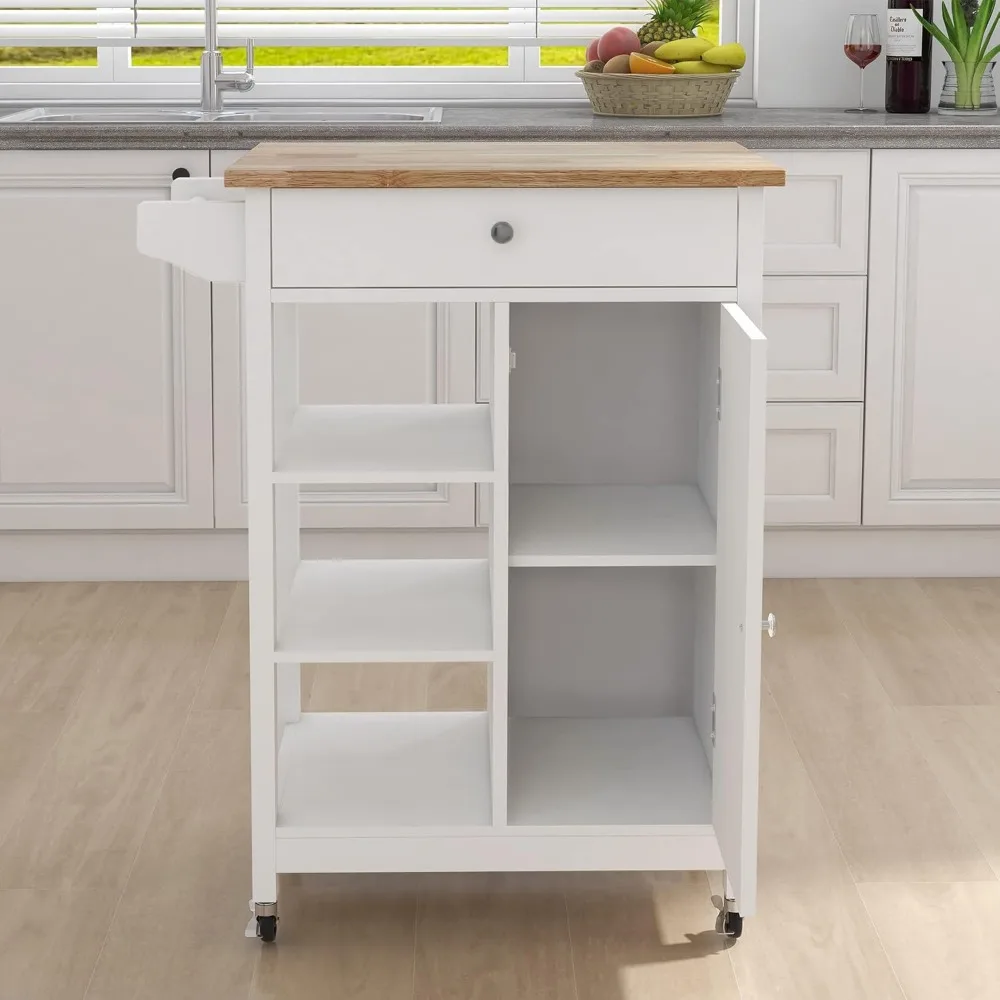 Kitchen Island on Wheels with Single Door and One Drawer Solid Wood Top Storage Cabinet 2 Open Shelves White Kitchen Trolley