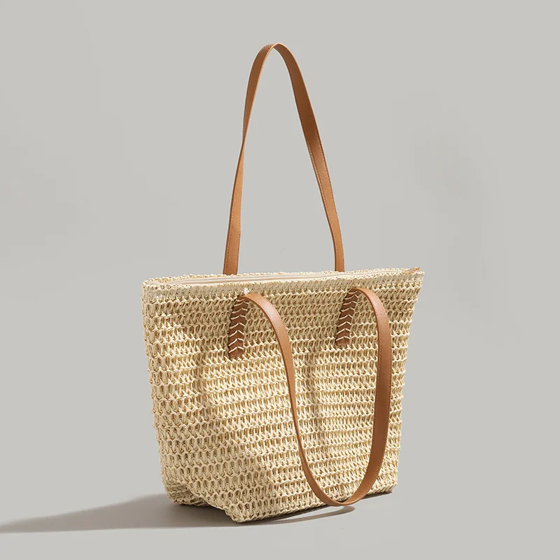 

2023 Luxury Design Straw Woven Tote Bags Summer Casual Large Capacity Handbags New Fashion Beach Women Shoulder Simple Mommy Bag