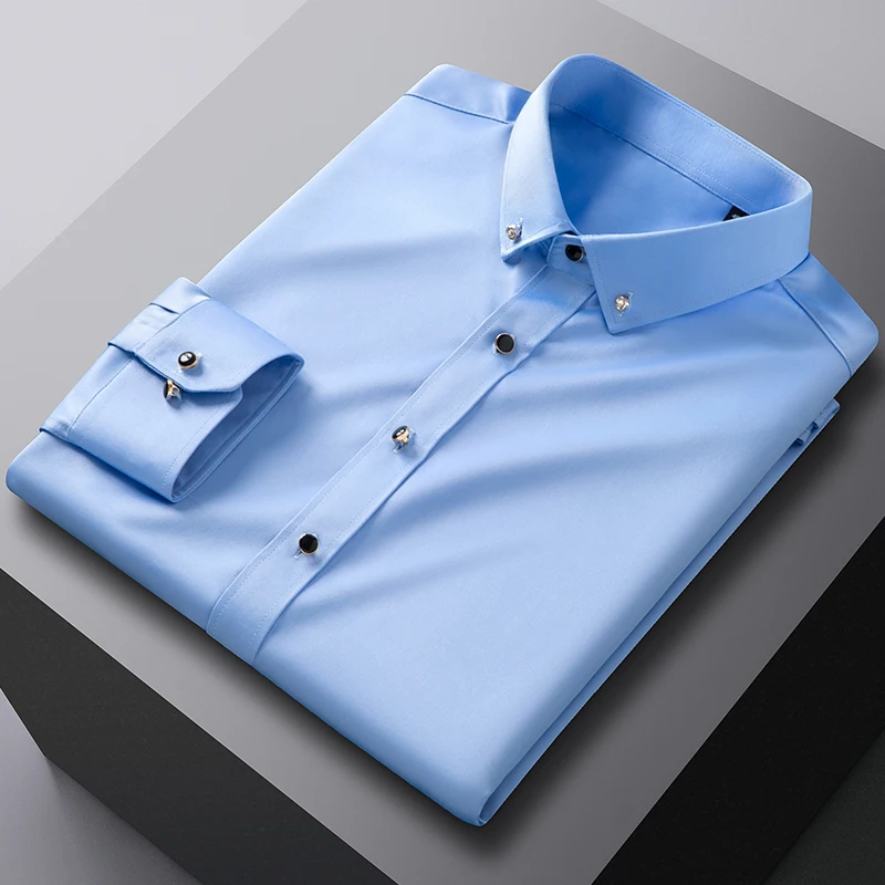 New in shirt Drill buckle long-sleeve shirts for men slim fit formal plain shirt elastic solid Party clothes elegant white tops