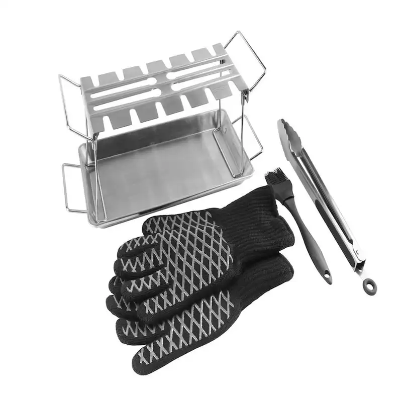 

Stainless Steel Chicken Hanger Rack Grilling Set w/Drip Tray, Brush, Tongs and 932F Heat Resistant Glove Fireplace fan Ventilado