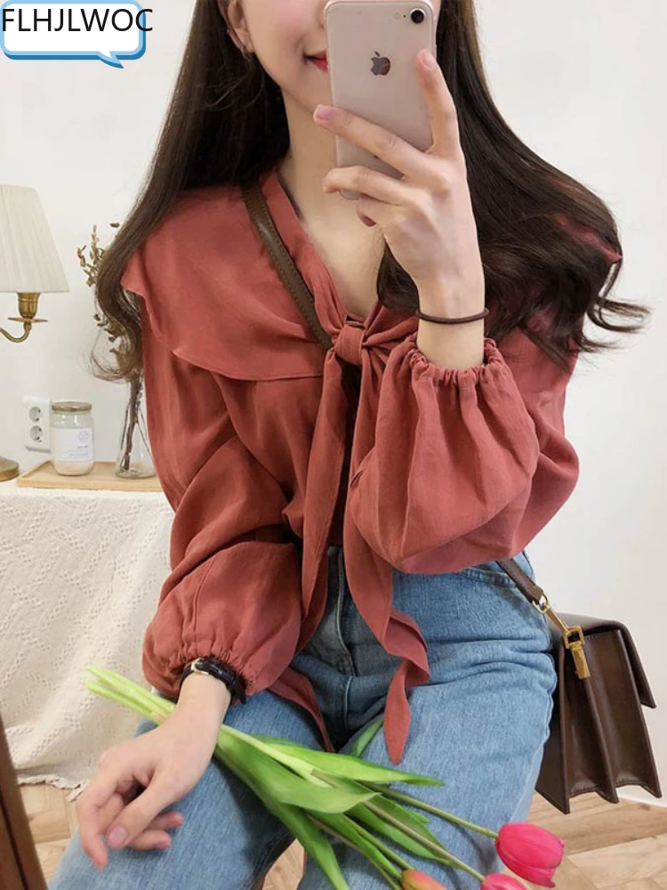Blusa Vintage con lazo para mujer, camisa con diseño japonés coreano, estilo Preppy, bonita, roja y blanca, 2022 - AliExpress Ropa de