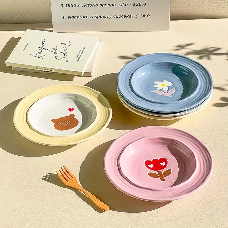 

Korean style creative hand-painted tulip small wrinkled chrysanthemum ceramic soup plate high beauty pasta plate household dish