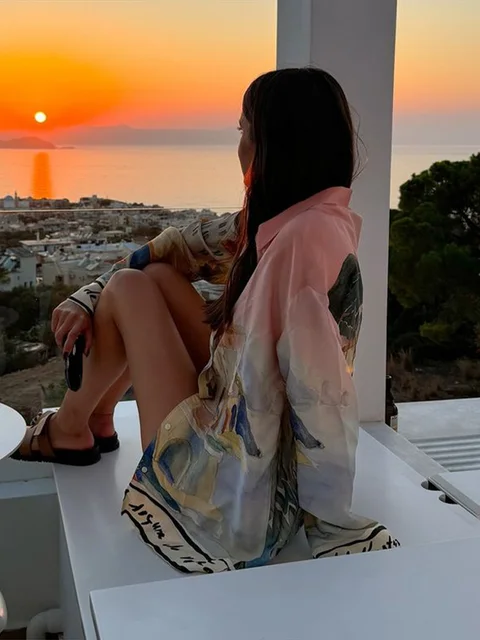 Fashion Floral Women's Two Piece Suit Turn-down Collar Long Sleeve Single Breasted Top Short Pants 2025 Summer Lady Causal Set 5