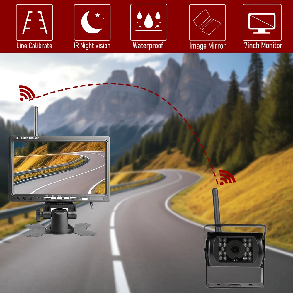 Wireless 7 inch Car Monitor Screen Rear View Camera For Truck Bus RV Trailer Excavator Rearview Image 12V-24V Display